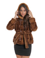 Giacca con cintura esterna pelliccia gold 44 manica lunga orizzontale cappuccio donna