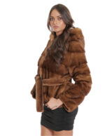 Women's Jacket with Outdoor Fur Belted Gold 44 Long Sleeve Horizontal Hood - Image 3