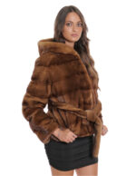 Women's Jacket with Outdoor Fur Belted Gold 44 Long Sleeve Horizontal Hood - Image 4