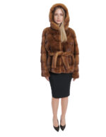 Women's Jacket with Outdoor Fur Belted Gold 46 Long Sleeve Horizontal Hood - Image 5