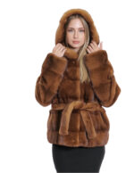 Giacca con cintura esterna pelliccia gold 46 manica lunga orizzontale cappuccio donna