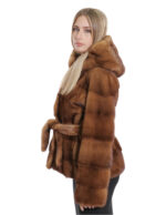 Women's Jacket with Outdoor Fur Belted Gold 46 Long Sleeve Horizontal Hood - Image 3