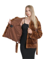 Women's Jacket with Outdoor Fur Belted Gold 46 Long Sleeve Horizontal Hood - Image 7