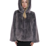 Giacche grigio orizzontale 46/54 maniche pelle intera cappuccio visone pelliccia coulisse