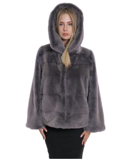 Giacche grigio orizzontale 46/54 maniche pelle intera cappuccio visone pelliccia coulisse