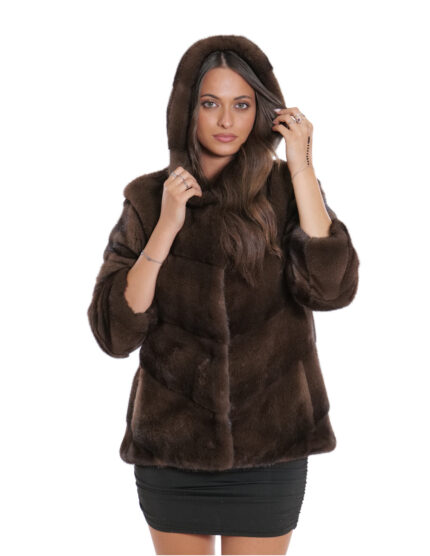 Giacca in pelliccia di visone 46 demi lavorazione orizzontale a V con coulisse sul fondo 66 centimetri