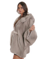 Belted cape in mink grey fur 48/54 with horizontal full-leather knit with hood - Image 3