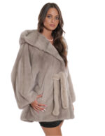 Belted cape in mink grey fur 48/54 with horizontal full-leather knit with hood - Image 4
