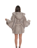 Belted cape in mink grey fur 48/54 with horizontal full-leather knit with hood - Image 6