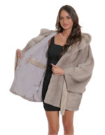 Belted cape in mink grey fur 48/54 with horizontal full-leather knit with hood - Image 7