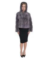 Grey horizontal hooded mink fur jackets 44 grey drawstring waist long sleeve short - Image 5