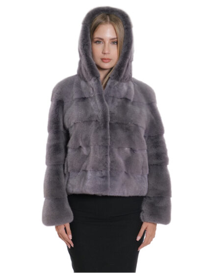 Giacche grigio orizzontale cappuccio visone pelliccia 44 grigio coulisse vita manica lunga corta