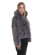 Grey horizontal hooded mink fur jackets 44 grey drawstring waist long sleeve short - Image 4