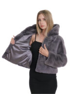 Grey horizontal hooded mink fur jackets 44 grey drawstring waist long sleeve short - Image 7
