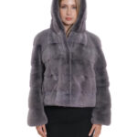 Giacche grigio orizzontale cappuccio visone pelliccia 46 grigio coulisse vita manica lunga corta