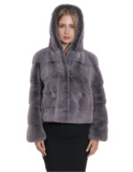 Giacche grigio orizzontale cappuccio visone pelliccia 46 grigio coulisse vita manica lunga corta