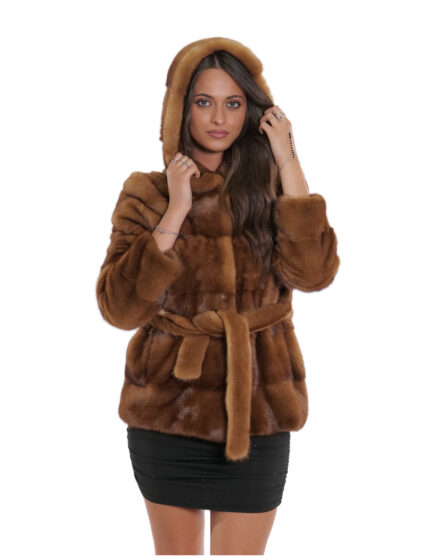 Giacca in pelliccia di visone 40 gold oro lavorazione orizzontale con cintura esterna in pelliccia 66 centimetri