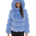 Giacca lunga 64 cm 46 pelliccia volpe azzurro lavorazione orizzontale con maniche lunghe e cappuccio