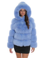 Giacca lunga 64 cm 46 pelliccia volpe azzurro lavorazione orizzontale con maniche lunghe e cappuccio