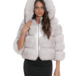 Giacca lunga 60 cm 42 pelliccia volpe bianco brinato zip lavorazione orizzontale con maniche lunghe e cappuccio
