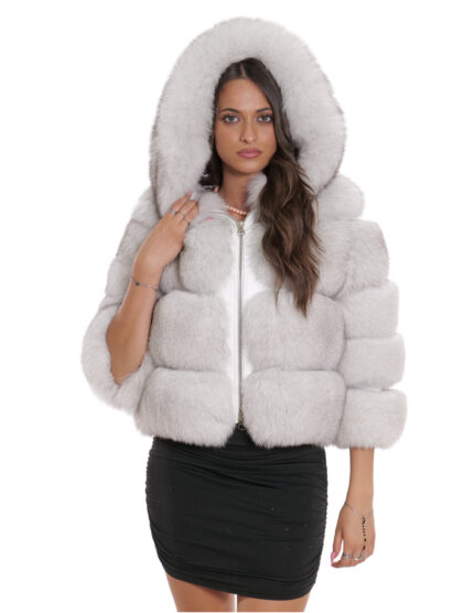 Giacca lunga 60 cm 42 pelliccia volpe bianco brinato zip lavorazione orizzontale con maniche lunghe e cappuccio