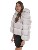 Giacca lunga 60 cm 42 pelliccia volpe bianco brinato zip lavorazione orizzontale con maniche lunghe e cappuccio