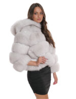 Giacca lunga 60 cm 42 pelliccia volpe bianco brinato zip lavorazione orizzontale con maniche lunghe e cappuccio