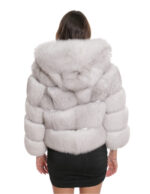 Giacca lunga 60 cm 42 pelliccia volpe bianco brinato zip lavorazione orizzontale con maniche lunghe e cappuccio