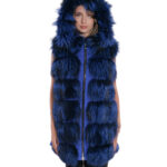 Gilet blu volpe 48 pelle intera pelliccia con pelle scamosciata bluette tasche esterne cappuccio