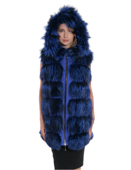 Gilet blu volpe 48 pelle intera pelliccia con pelle scamosciata bluette tasche esterne cappuccio
