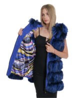 Gilet blu volpe 48 pelle intera pelliccia con pelle scamosciata bluette tasche esterne cappuccio