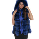 Gilet blu volpe 46 corto pelle intera pelliccia con pelle scamosciata bluette tasche esterne cappuccio