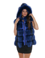 Gilet blu volpe 46 corto pelle intera pelliccia con pelle scamosciata bluette tasche esterne cappuccio