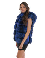 Fox Blue Weste 46 Kurzes Volllederfell mit Wildleder Hellblaue Außentaschen Kapuze – Bild 3