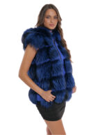 Fox Blue Weste 46 Kurzes Volllederfell mit Wildleder Hellblaue Außentaschen Kapuze – Bild 4