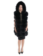 Gilet volpe nero zip oro 58 cappuccio pelliccia tasche esterne zip ai lati smanicato lungo 84 cm