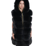Gilet volpe nero zip oro 58 cappuccio pelliccia tasche esterne zip ai lati smanicato lungo 84 cm