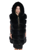 Gilet volpe nero zip oro 58 cappuccio pelliccia tasche esterne zip ai lati smanicato lungo 84 cm
