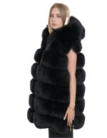 Gilet volpe nero zip oro 62 cappuccio pelliccia tasche esterne zip ai lati smanicato lungo 84 cm