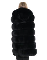 Gilet volpe nero zip oro 62 cappuccio pelliccia tasche esterne zip ai lati smanicato lungo 84 cm