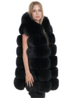 Gilet volpe nero zip oro 58 cappuccio pelliccia tasche esterne zip ai lati smanicato lungo 84 cm