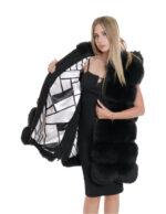 Gilet volpe nero zip oro 62 cappuccio pelliccia tasche esterne zip ai lati smanicato lungo 84 cm