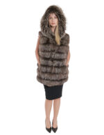 Brown fox vest gradient hooks 46 hood fur external pockets sleeveless 80 cm long - Image 5