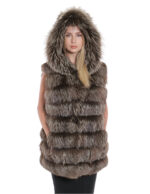 Gilet volpe marrone sfumato ganci 46 cappuccio pelliccia tasche esterne smanicato lungo 80 cm