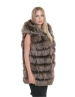 Brown fox vest gradient hooks 46 hood fur external pockets sleeveless 80 cm long - Image 4