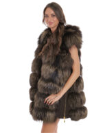 Gilet volpe con cappuccio 60 pelliccia con pelle marrone scamosciata zip oro second life
