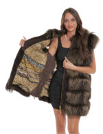Gilet volpe con cappuccio 60 pelliccia con pelle marrone scamosciata zip oro second life