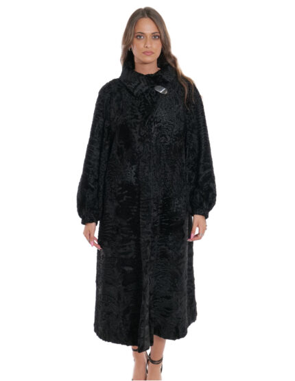 Lunghissimo cappotto nero pelliccia persiano 48 colletto italiano con bottone manica lunga