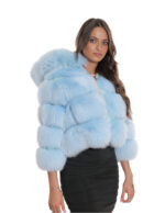 Light blue fox fur jacket 42 50 cm long with three-quarter sleeves and hood with inner fur - Image 4