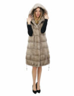 Gilet 94 cm silverblue visone orizzontale e rex 52 pelliccia cappuccio coulisse